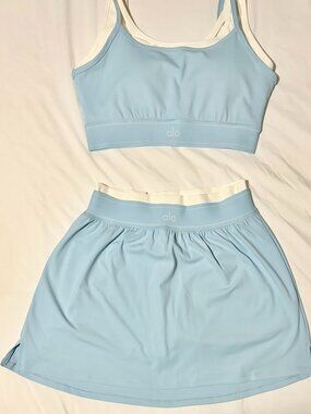 Alo Seashell Blue Airbrush Better Together Bra + Tennis Skirt Set NWT M